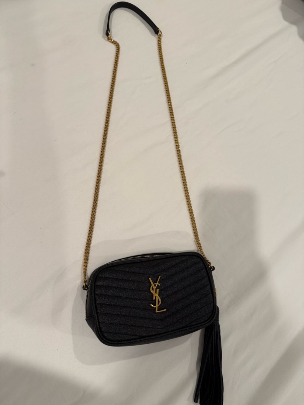 Saint Laurent Black Chevron Quilted Crossbody with Gold Chain